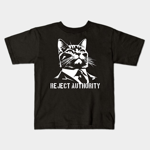 Reject Authority Cat (White pattern and text) Kids T-Shirt by Furzburger